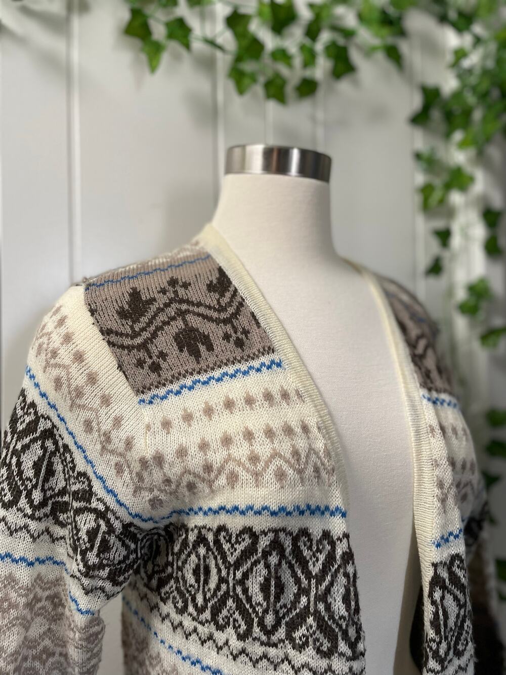 Nick & Mo Women’s Brown Cream Blue Cottage Core Open Cardigan Size XL‎
